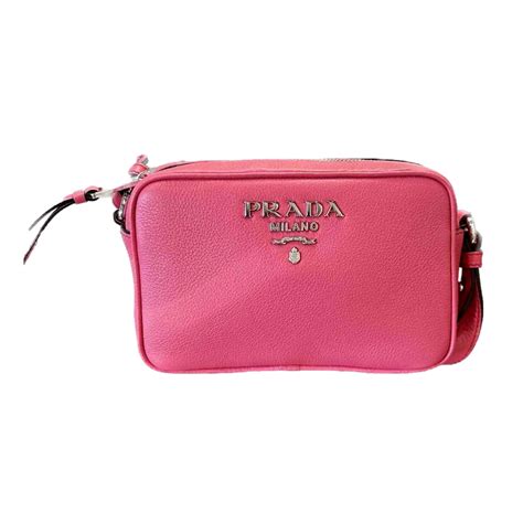 Prada Vitello Phenix Pink Leather Silver Logo Small Camera 